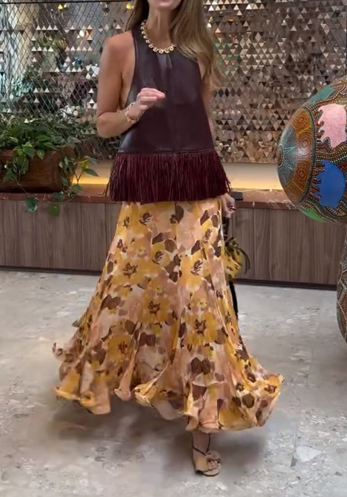 Burgundy Faux Leather Fringe Tank Top & Yellow Floral Print Midi Skirt 2 Piece Outfit