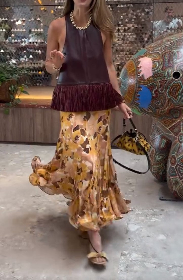 Burgundy Faux Leather Fringe Tank Top & Yellow Floral Print Midi Skirt 2 Piece Outfit