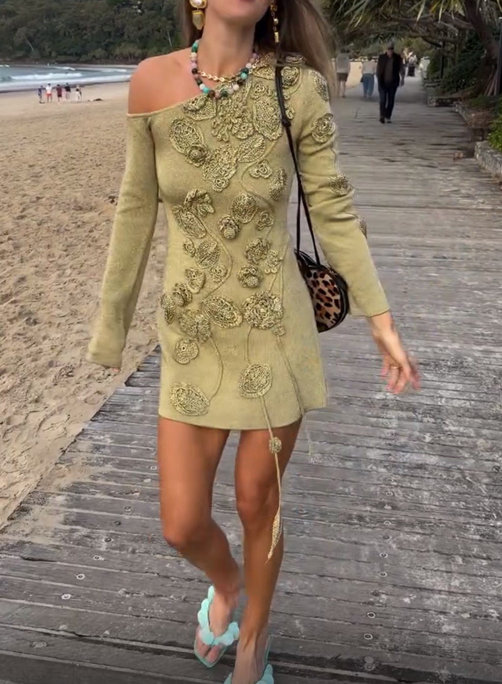 Olive Green 3D Floral Applique One Shoulder Long Sleeve Mini Dress