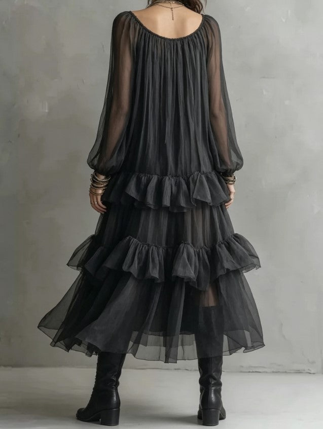 Dark Grey V Neck Sheer Tiered Ruffle Long Sleeve Boho Midi Dress
