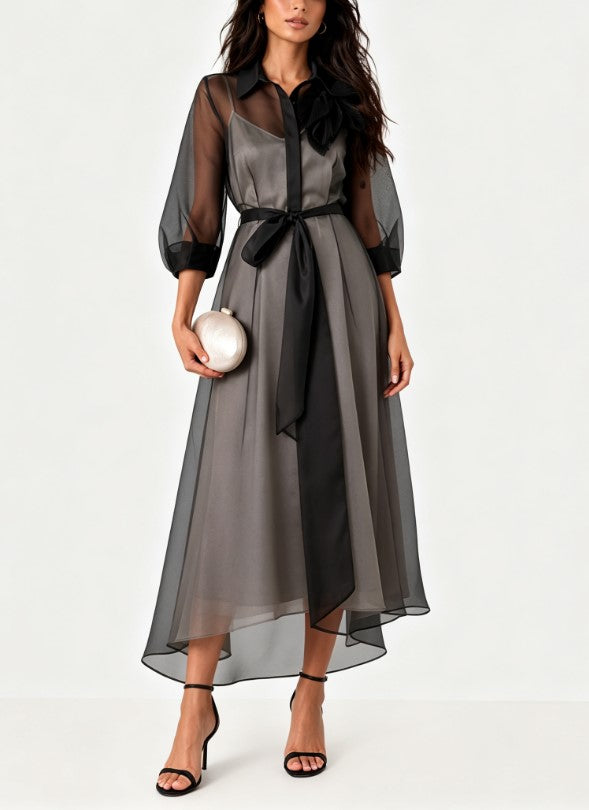 Black Organza Lapel Bow 2 Piece Midi Dress for Party Evening