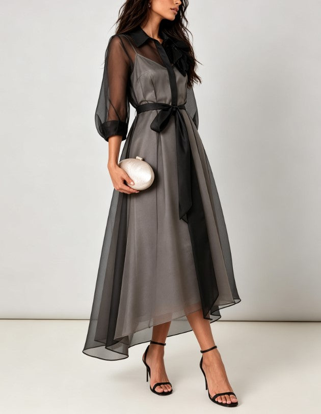 Robe midi noire en organza à revers et nœud, deux pièces, pour soirée