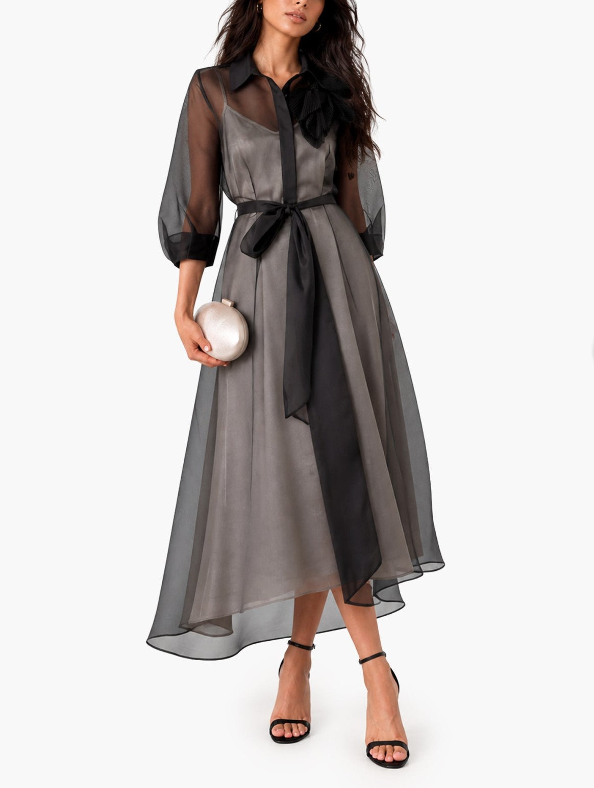 Black Organza Lapel Bow 2 Piece Midi Dress for Party Evening