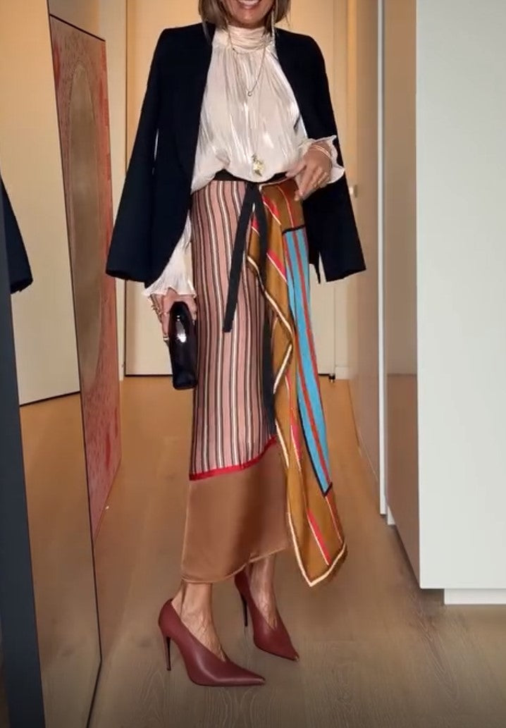 Color Block Stripe Patchwork Wrap Satin Midi Skirt