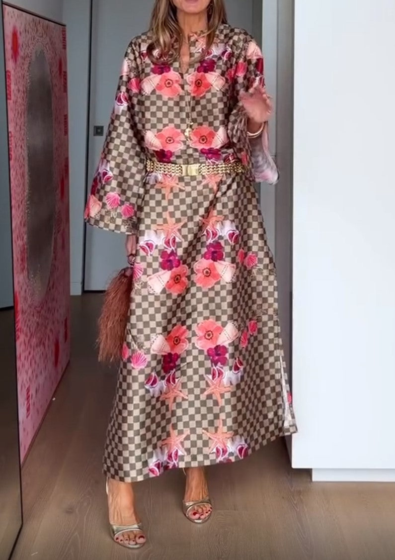 Abito camicia lungo con stampa floreale a scacchi e stelle marine, collo alla coreana e maniche ampie