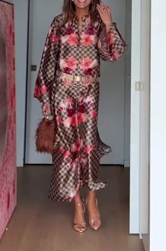 Checkerboard Floral Starfish Print Stand Collar Wide Sleeve Maxi Shirt Dress
