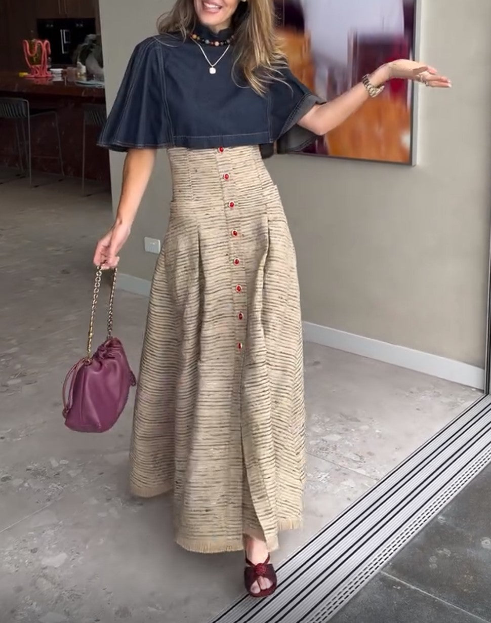 Textured Stripe Button‑Front Fringe Hem High Waist Maxi Skirt