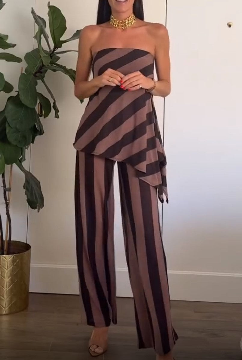 Brown Striped Strapless Asymmetrical Top & Striped Wide Leg Pants Set