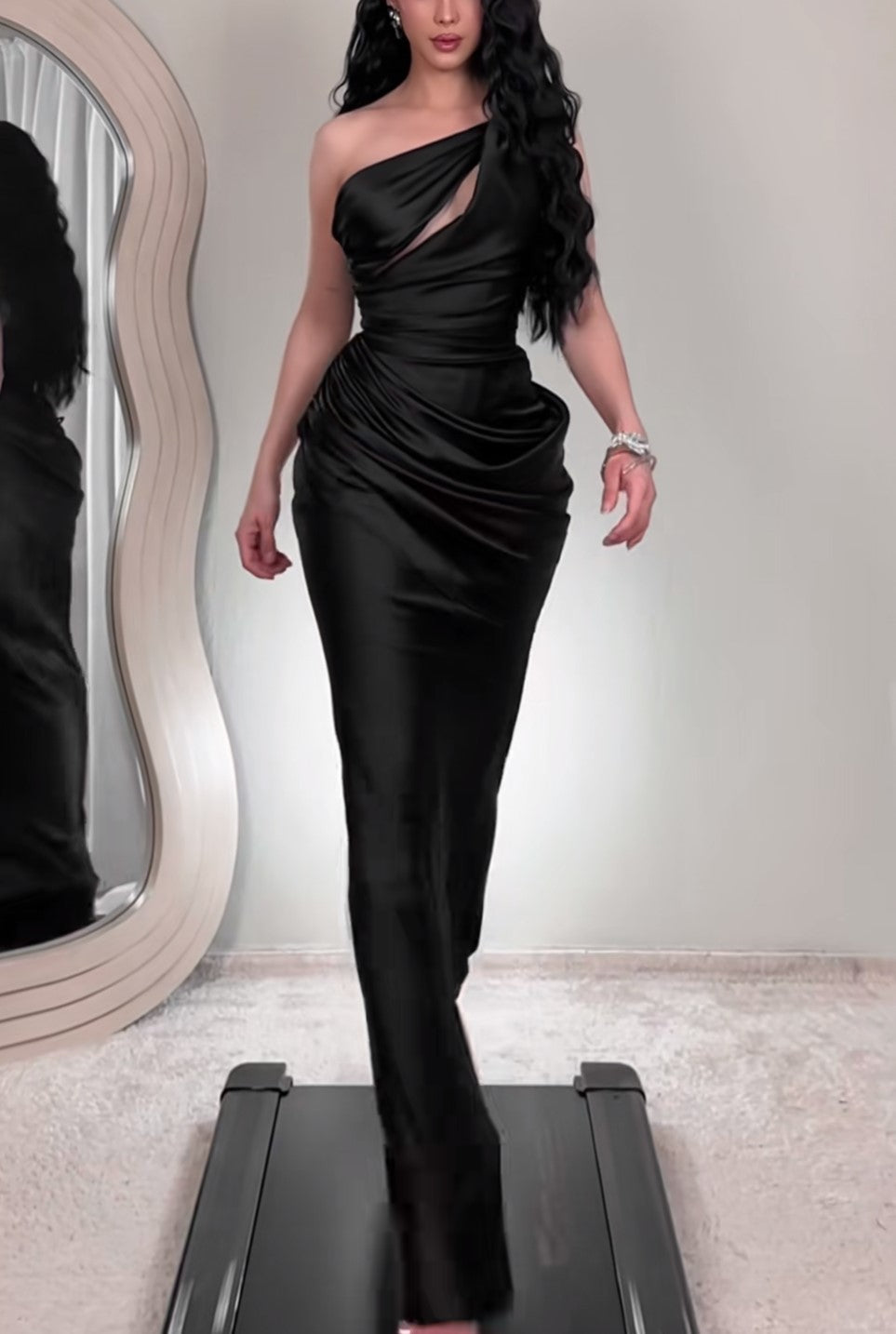 Black One Shoulder Cutout Satin Maxi Evening Dress