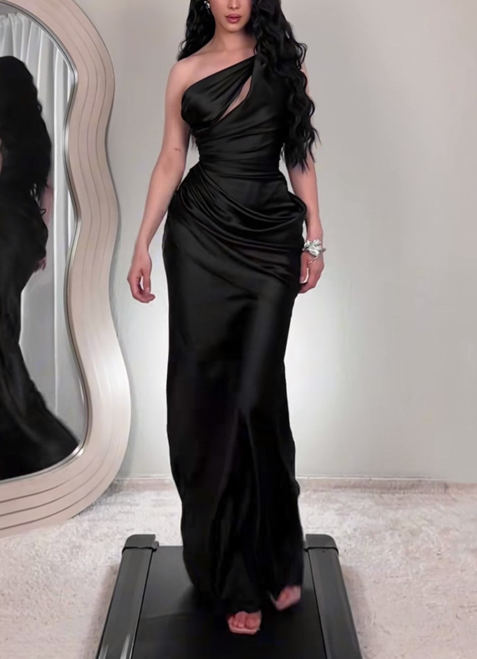 Black One Shoulder Cutout Satin Maxi Evening Dress