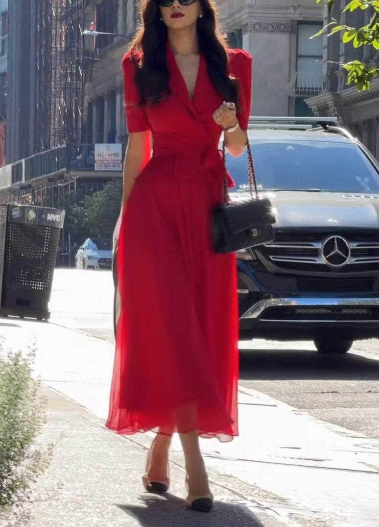 Red V Neck Wrap Midi Chiffon Dress