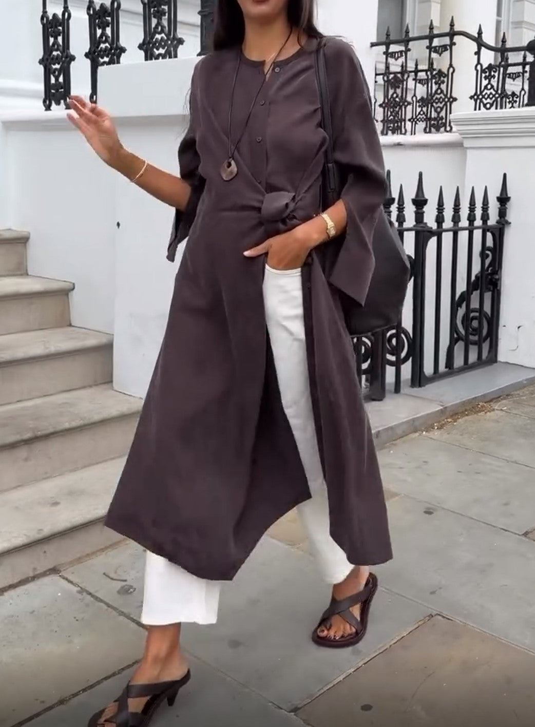 Charcoal Knotted Waist Long Tunic Shirt