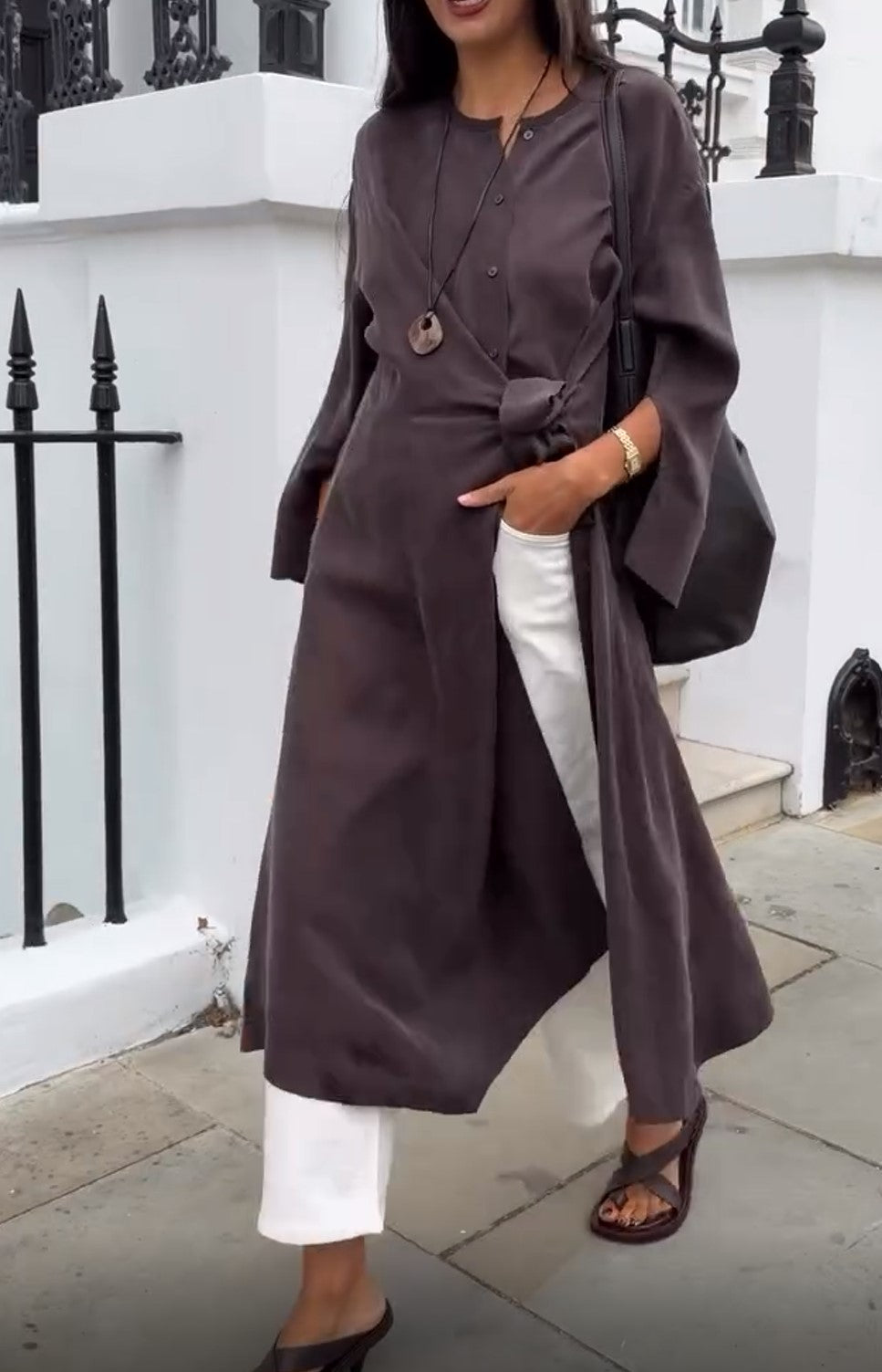 Charcoal Knotted Waist Long Tunic Shirt