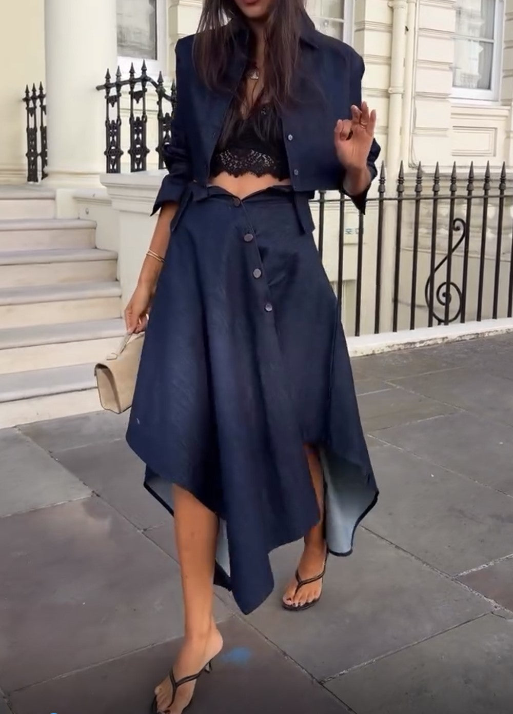 Dark Denim Cropped Shirt & Asymmetrical Midi Skirt Two Piece Set