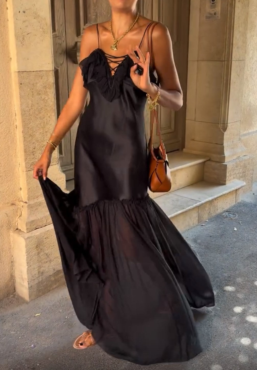 Black Satin Lace-Up Ruffle Spaghetti Strap Mermaid Maxi Dress