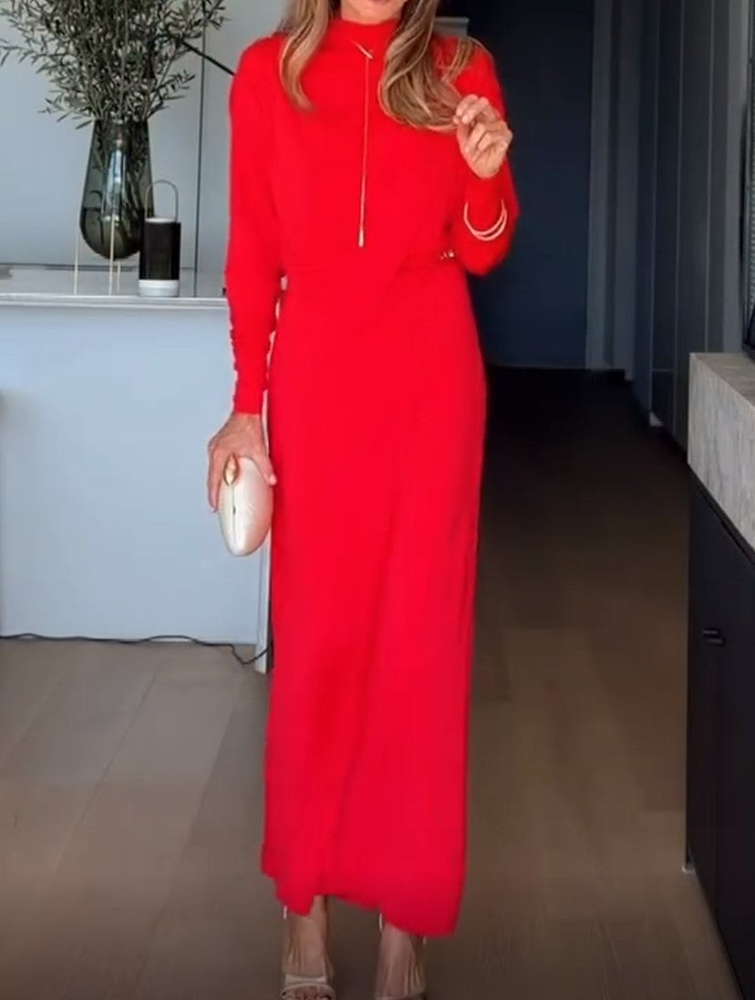 Red High Neck Long Sleeve Maxi Dress