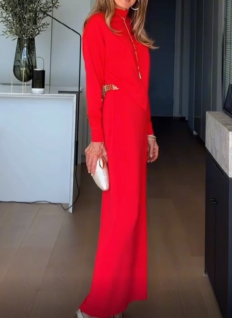 Red High Neck Long Sleeve Maxi Dress
