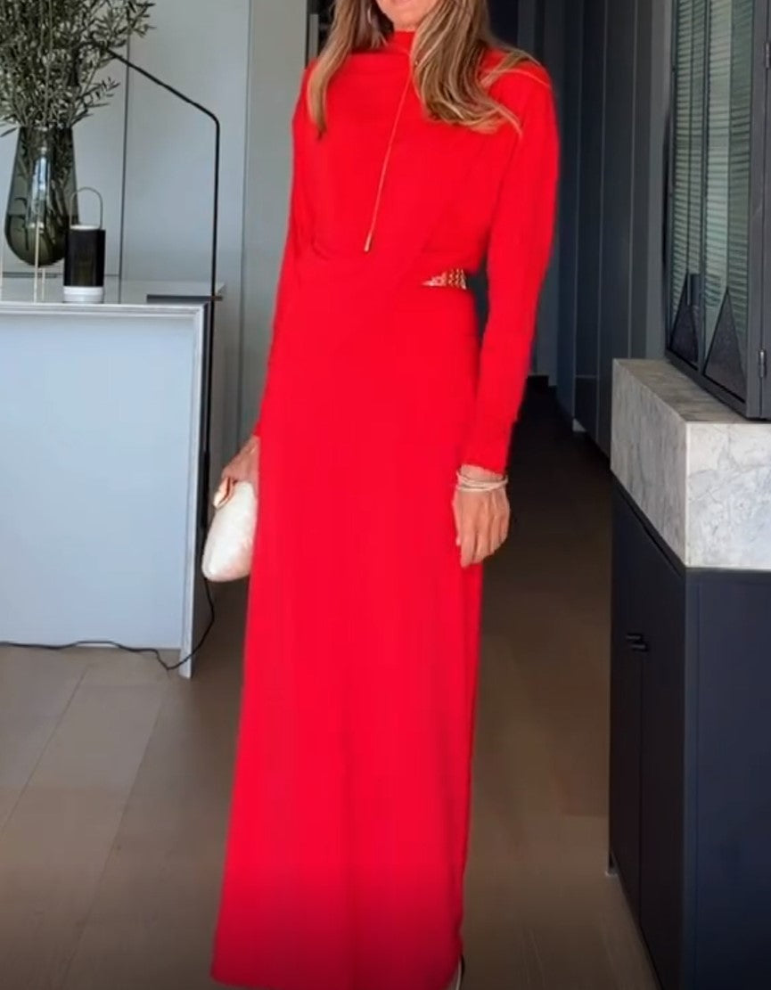 Red High Neck Long Sleeve Maxi Dress