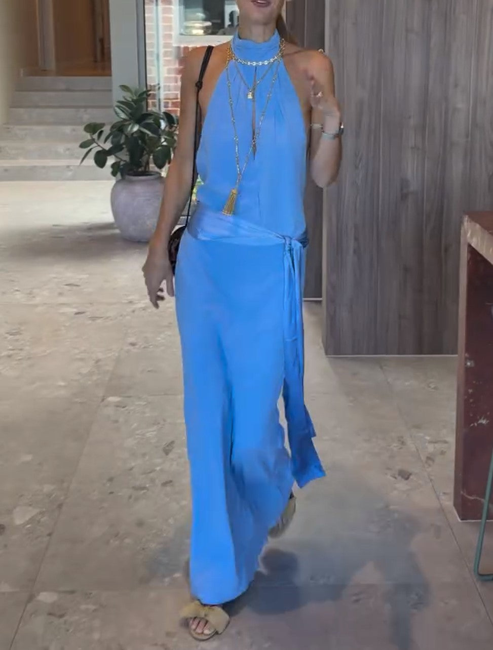 Women’s Halter Tie‑Waist Maxi Dress Sleeveless Backless Elegant Party Long Dress