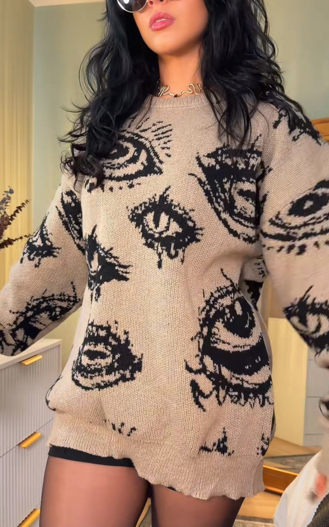 Pull en maille oversize pour femme à col rond, imprimé œil gothique et manches longues