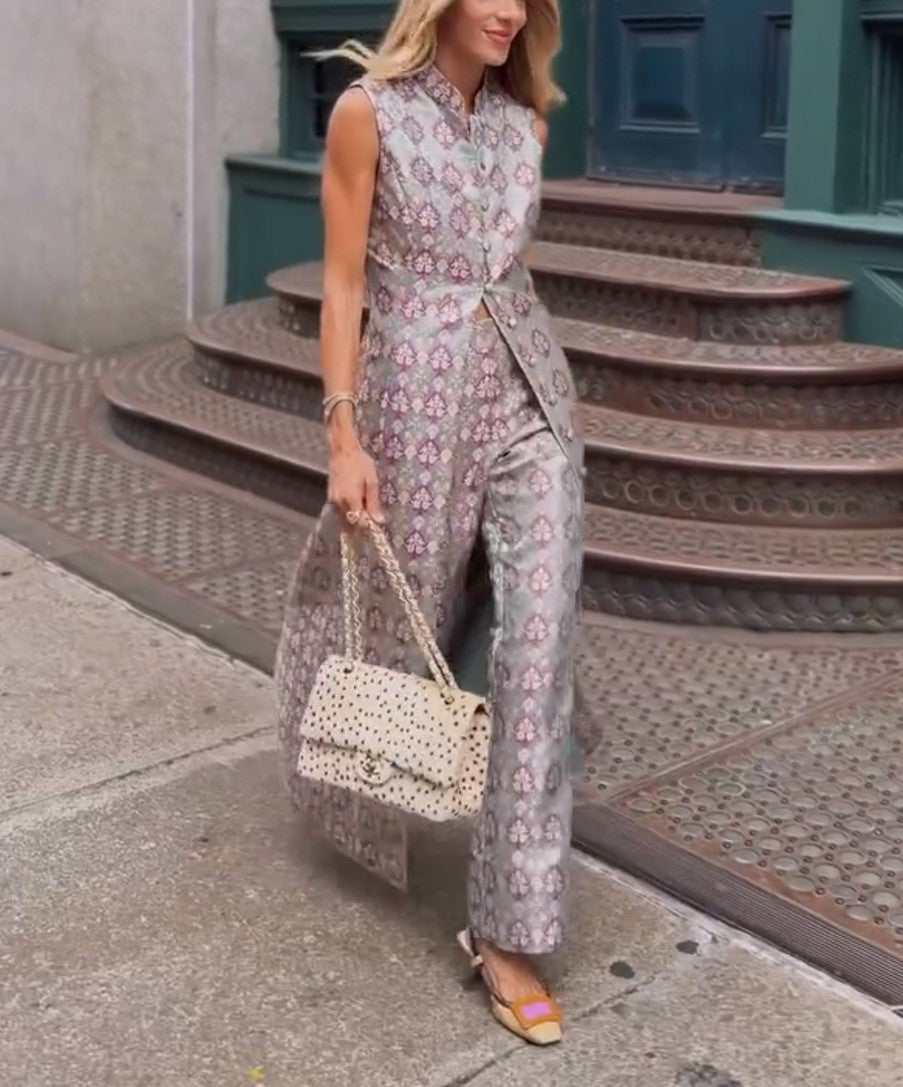 Sleeveless Jacquard Long Overlay Top & Wide Leg Pants Set