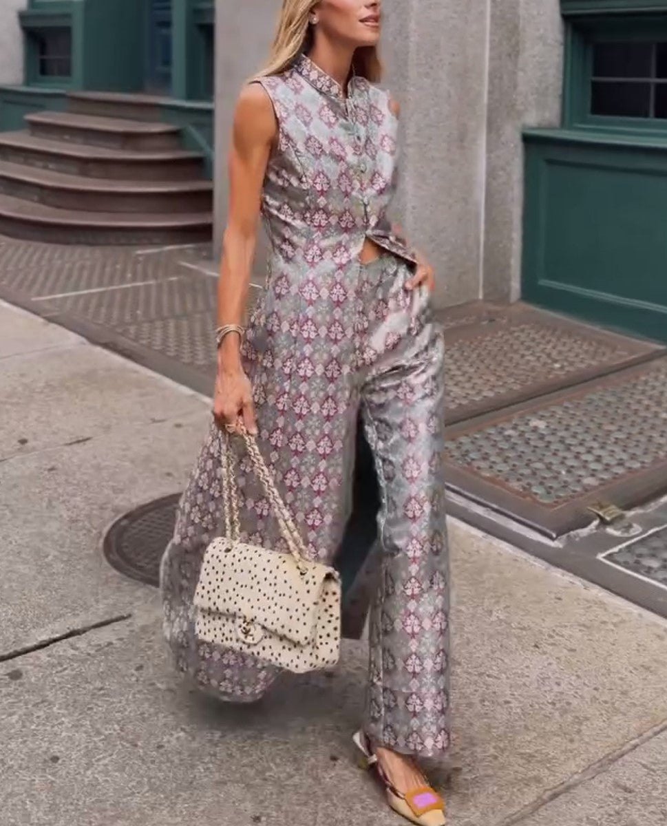 Set aus ärmellosem Jacquard-Oberteil mit langem Überwurf und Hose mit weitem Bein