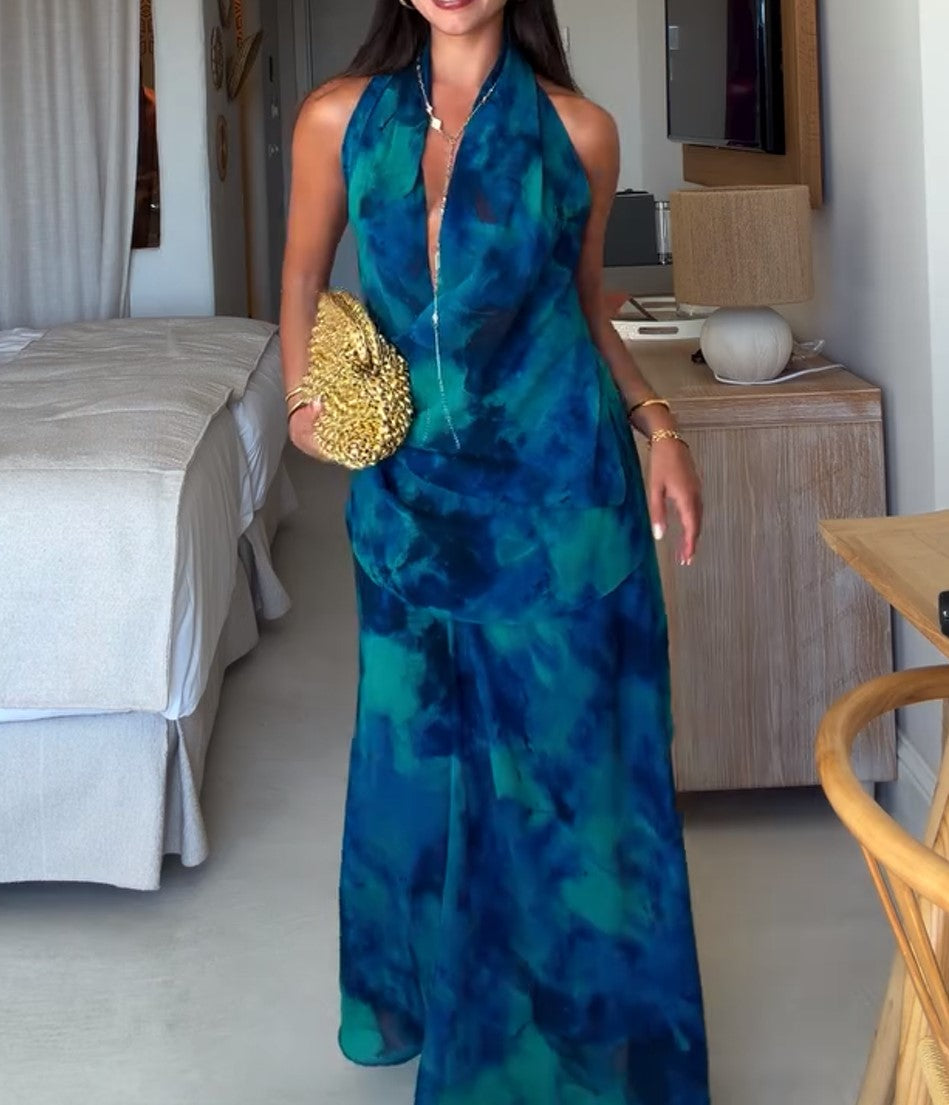 Maxikleid mit Neckholder, Wasserfallausschnitt und Batikmuster