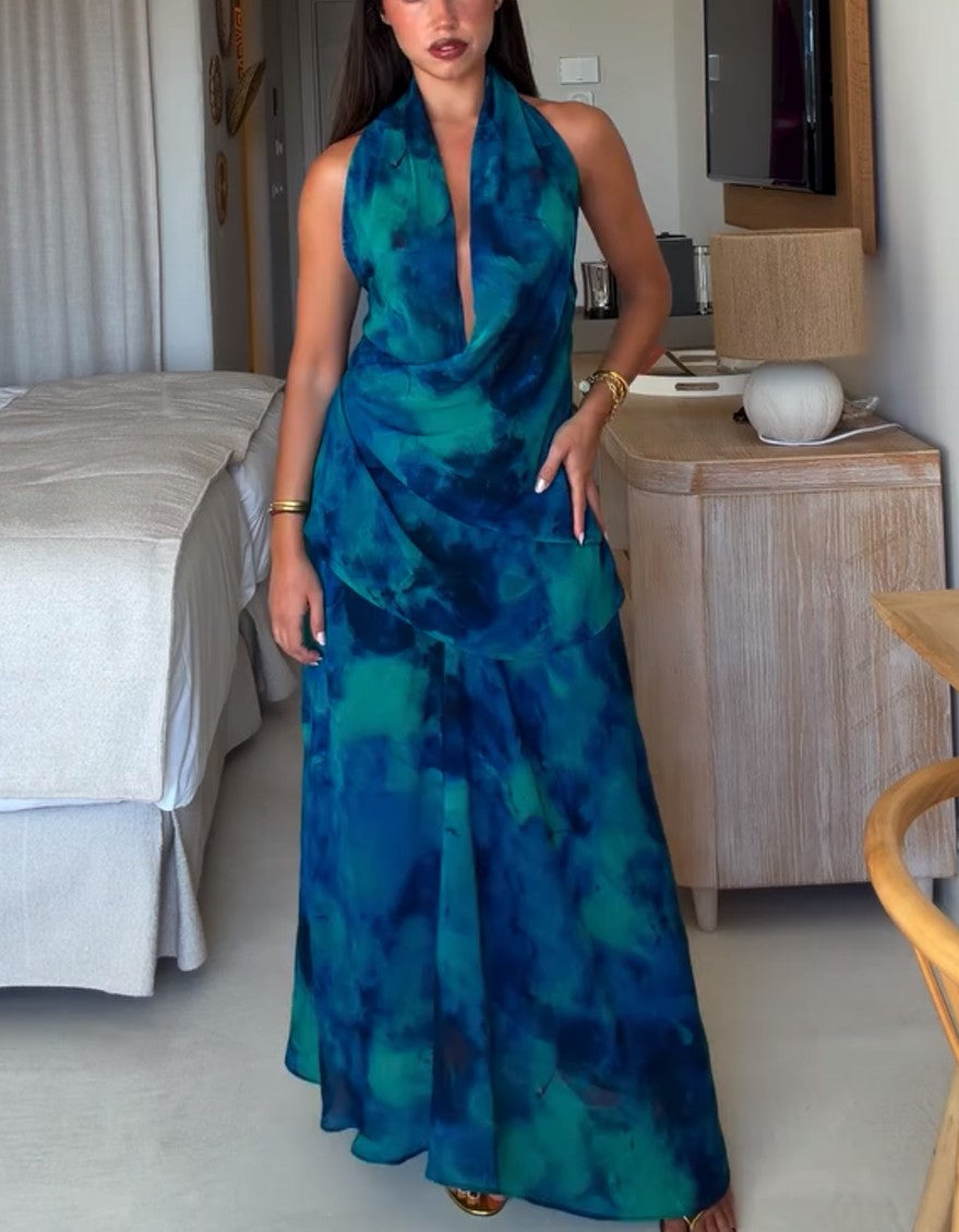 Maxikleid mit Neckholder, Wasserfallausschnitt und Batikmuster