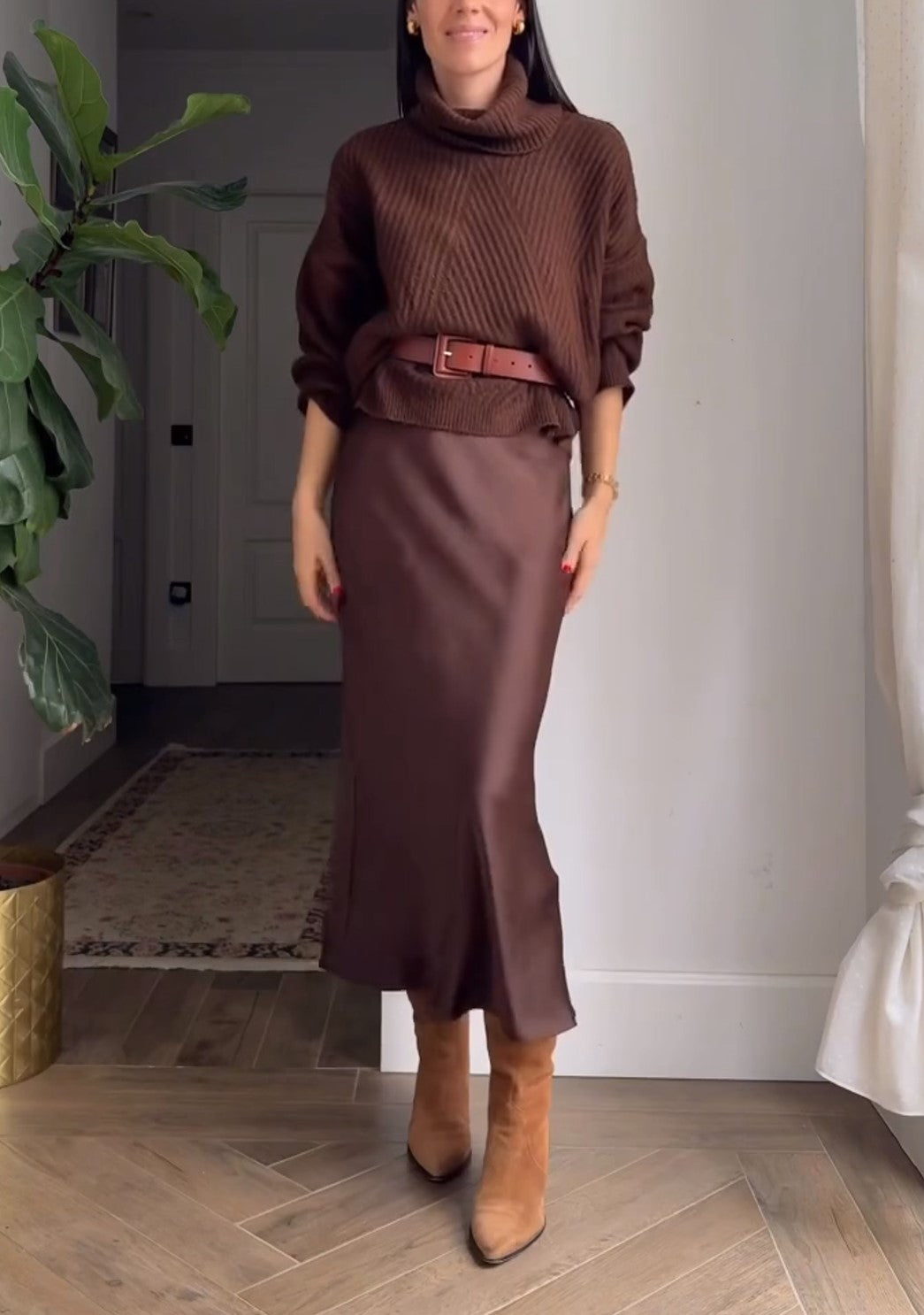 Brown Turtleneck Cable Knit Sweater & Satin Midi Skirt Two Piece Set