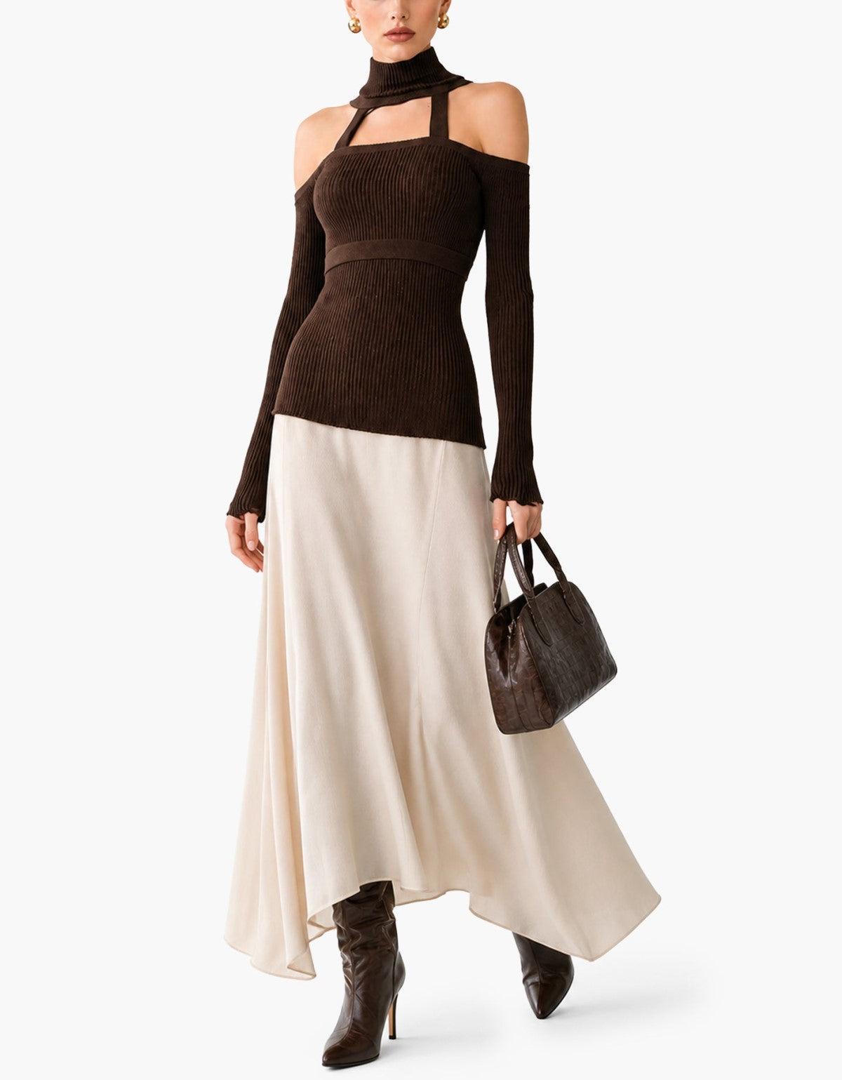 Brown Cutout Turtleneck Knit Top & Ivory Flowy Maxi Skirt Two Piece Set