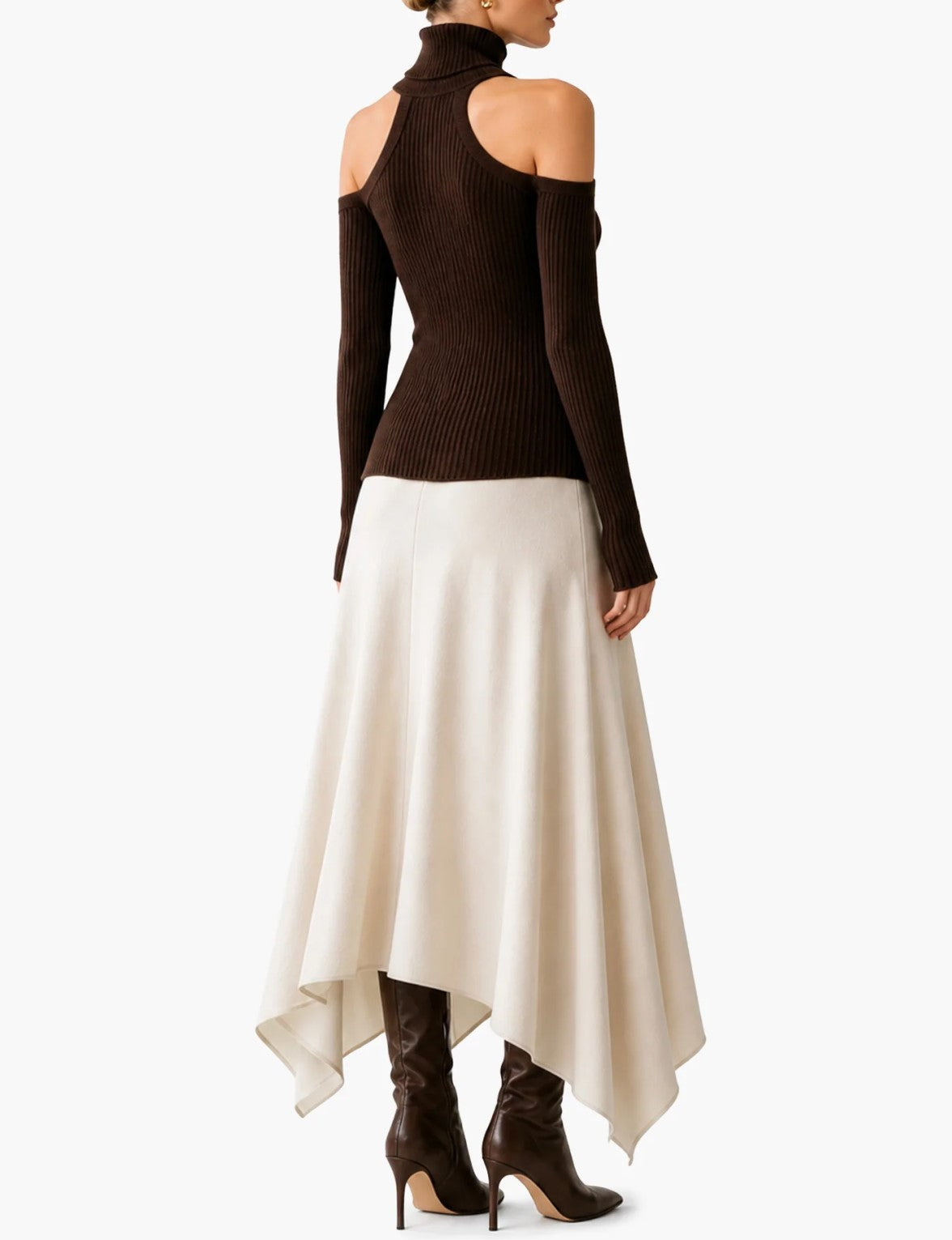 Brown Cutout Turtleneck Knit Top & Ivory Flowy Maxi Skirt Two Piece Set