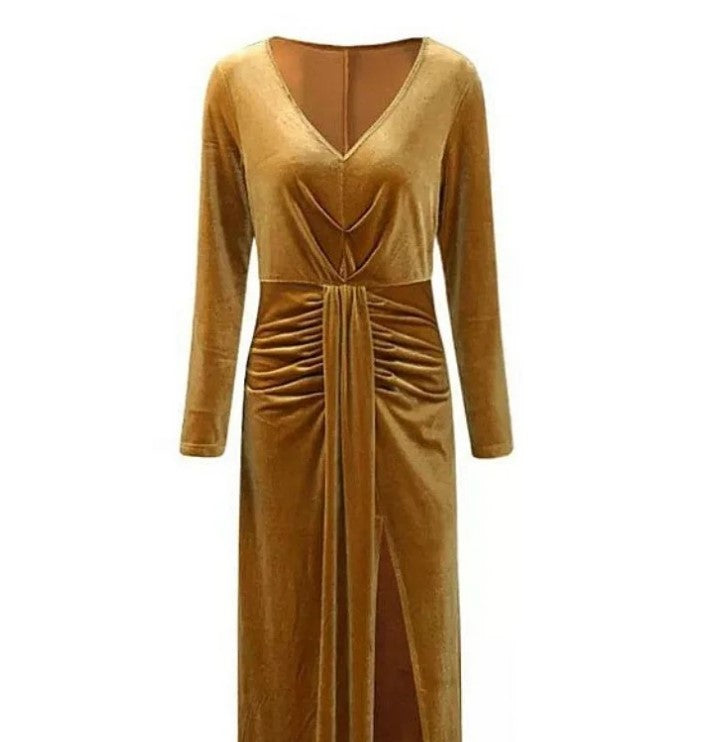 Gold Velvet V Neck Long Sleeve Slit Maxi Evening Dress