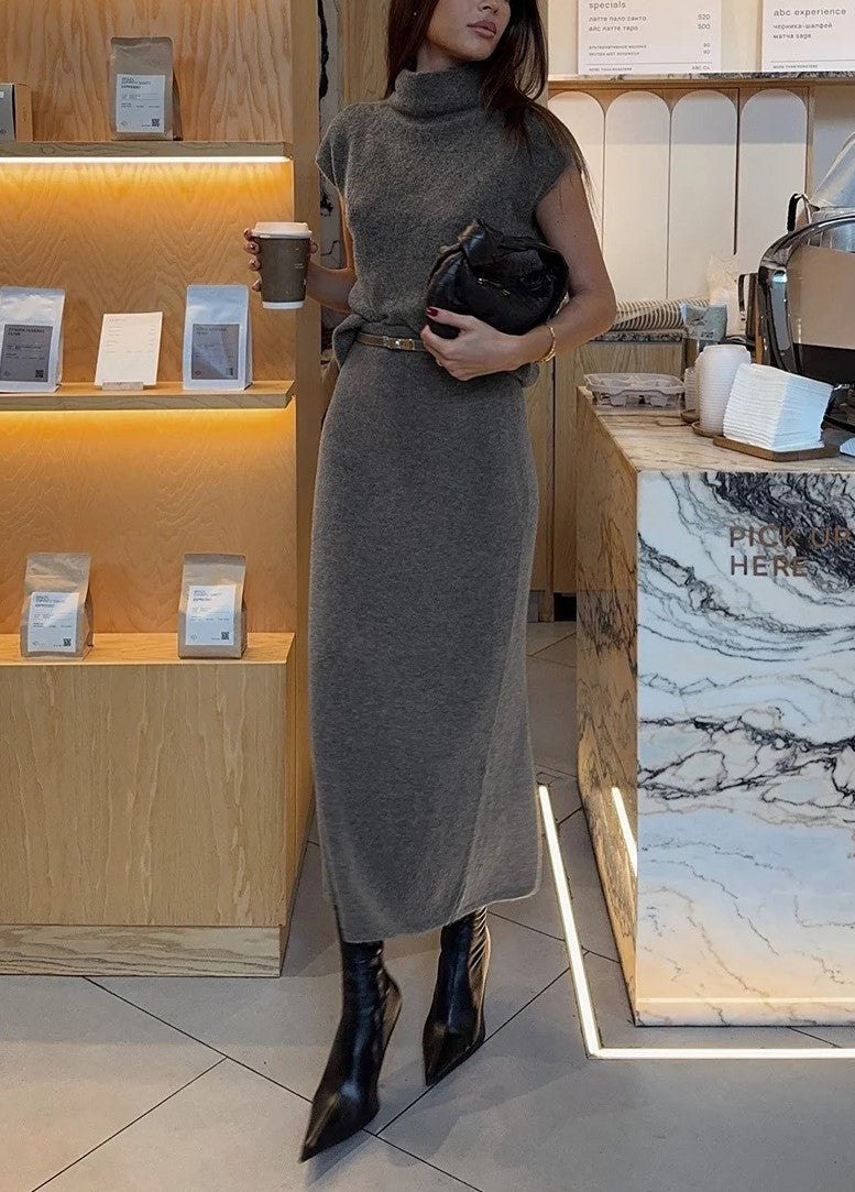 Grey Turtleneck Cap Sleeve Knit Top & Midi Skirt Two Piece Set