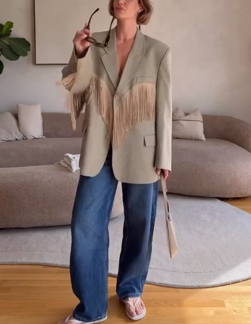Khaki Oversized Lapel Fringe Detail Blazer Jacket