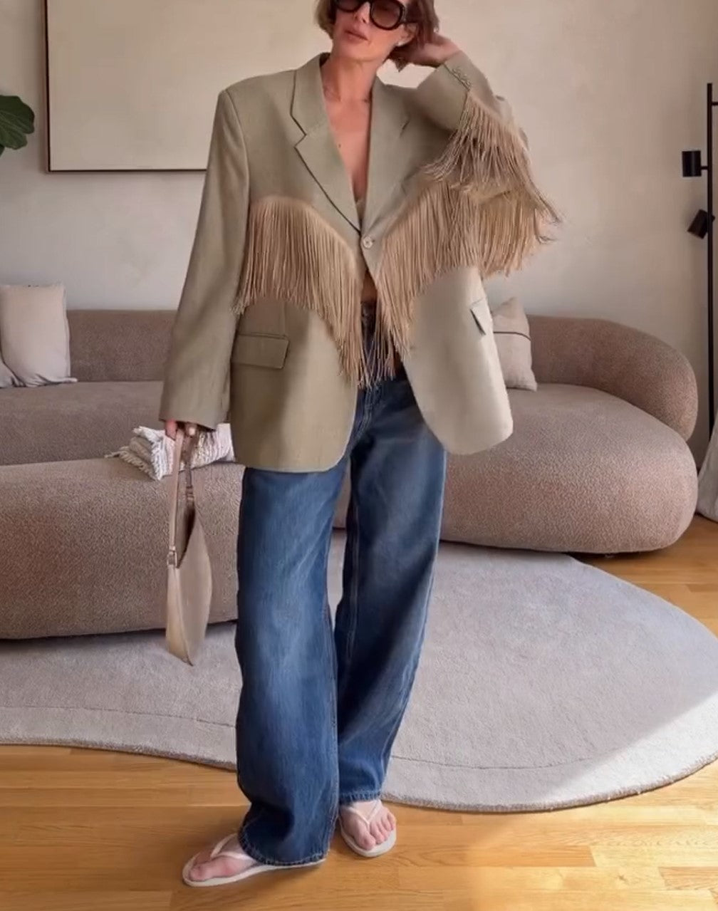Khaki Oversized Lapel Fringe Detail Blazer Jacket