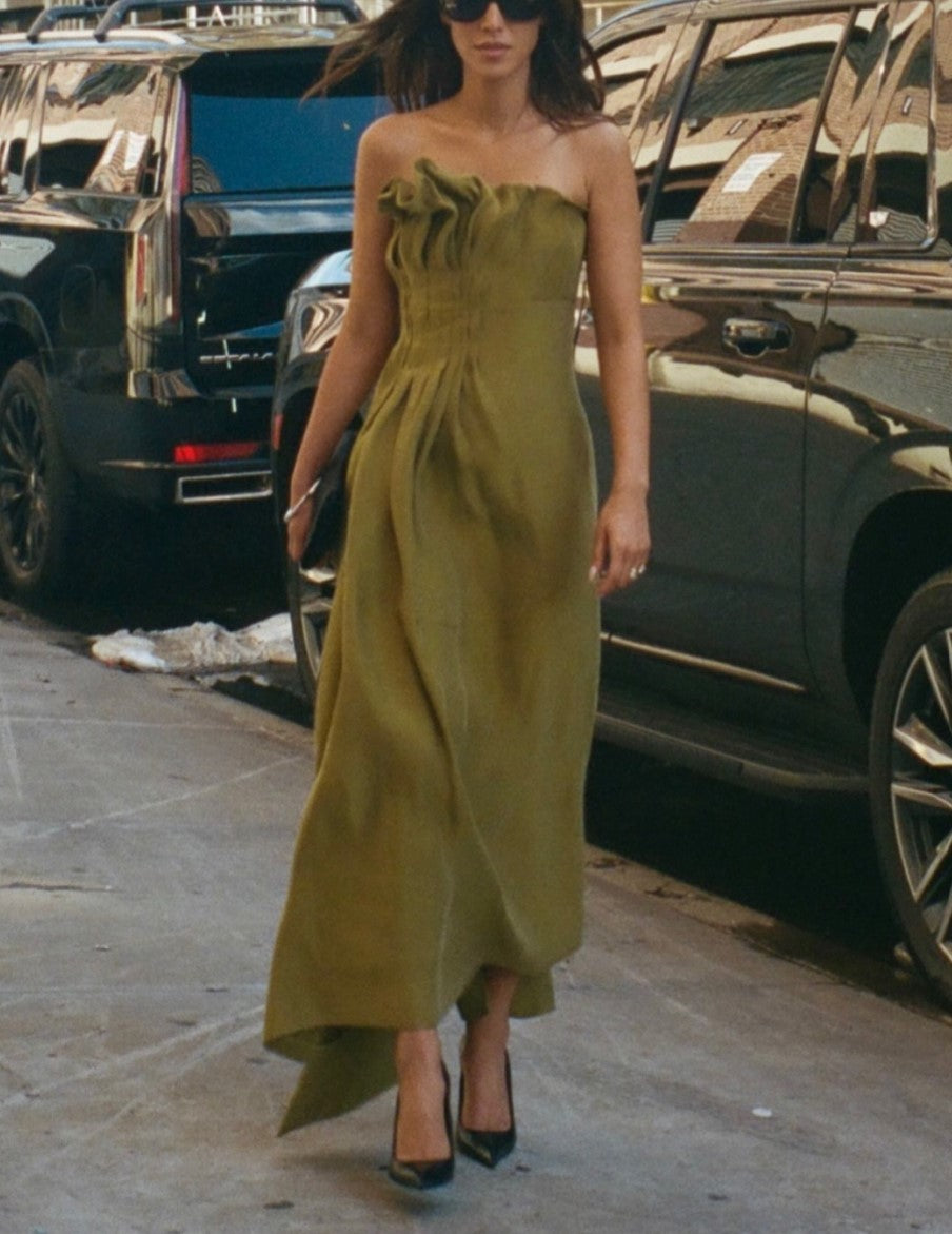 Strapless Ruffle Midi Dress Olive Green