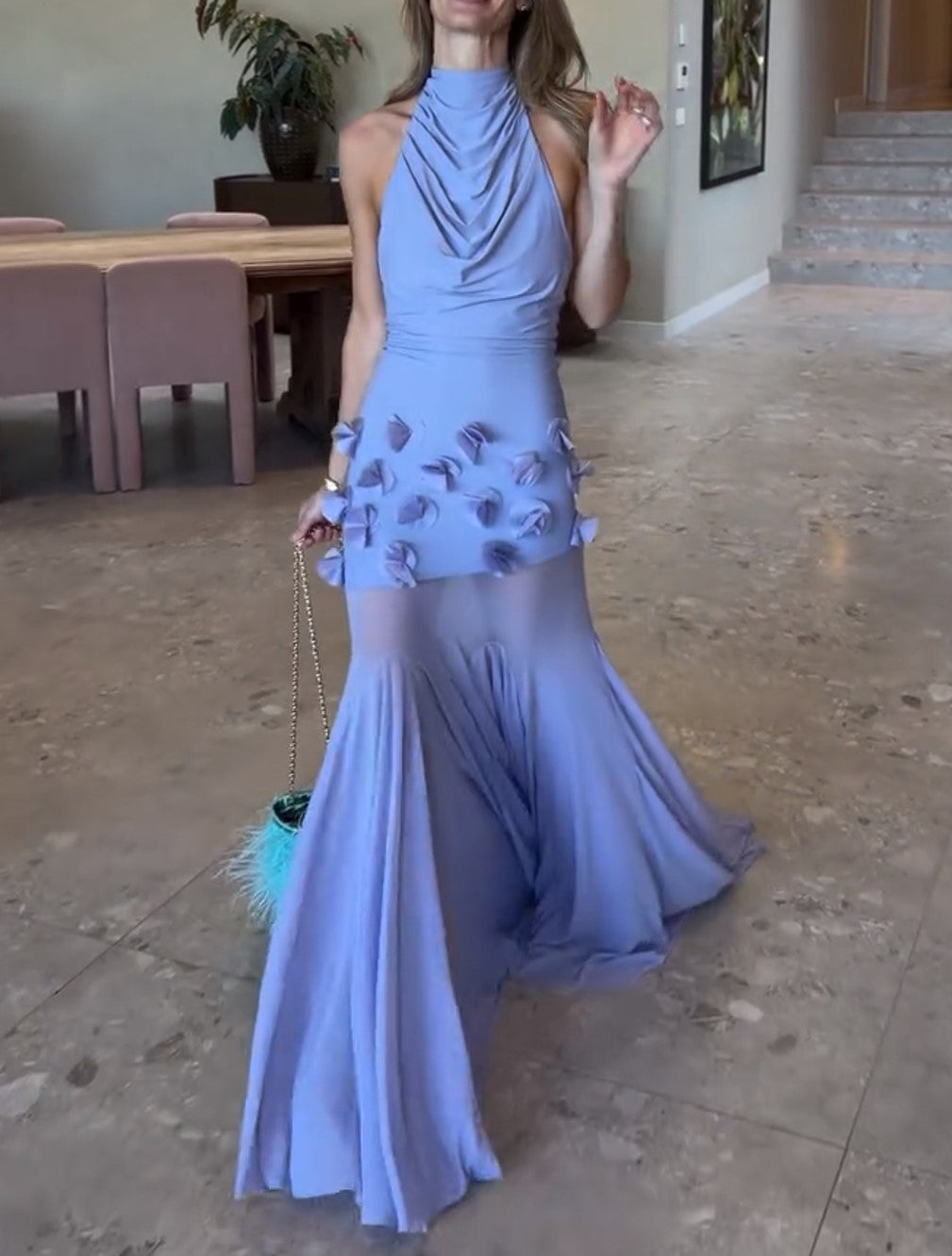 Halter Draped 3D Flower Mermaid Maxi Dress