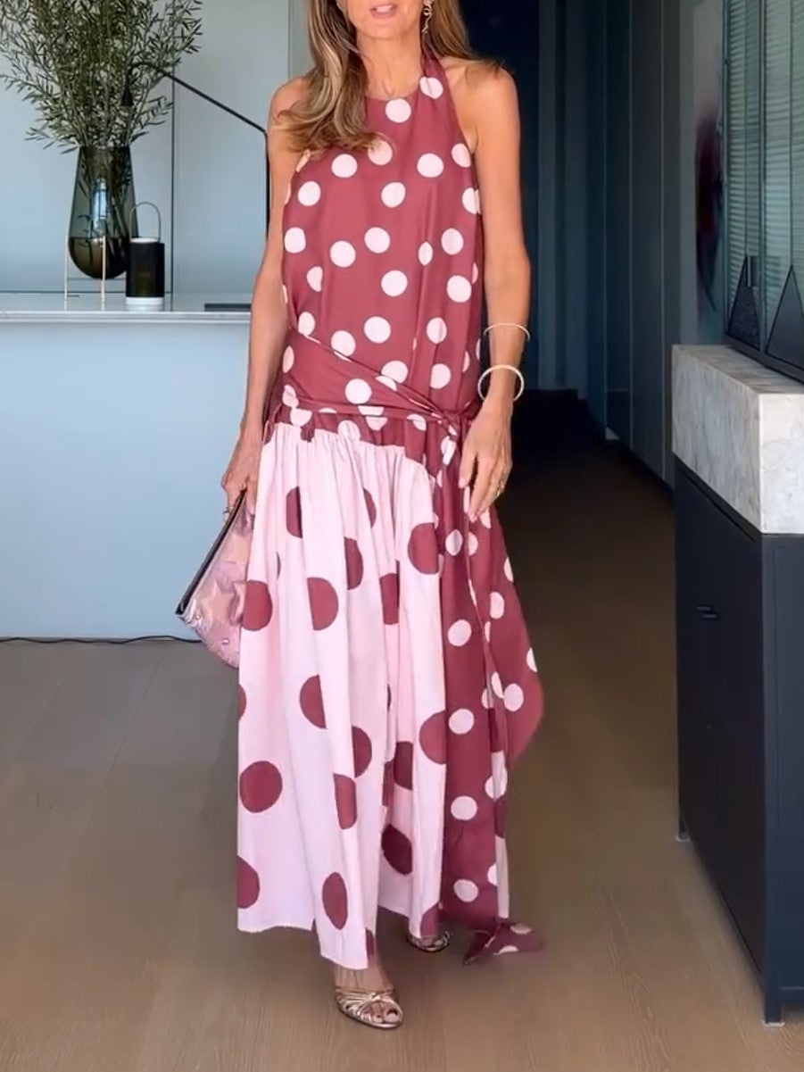 Halter Polka Dot Color Block Maxi Dress