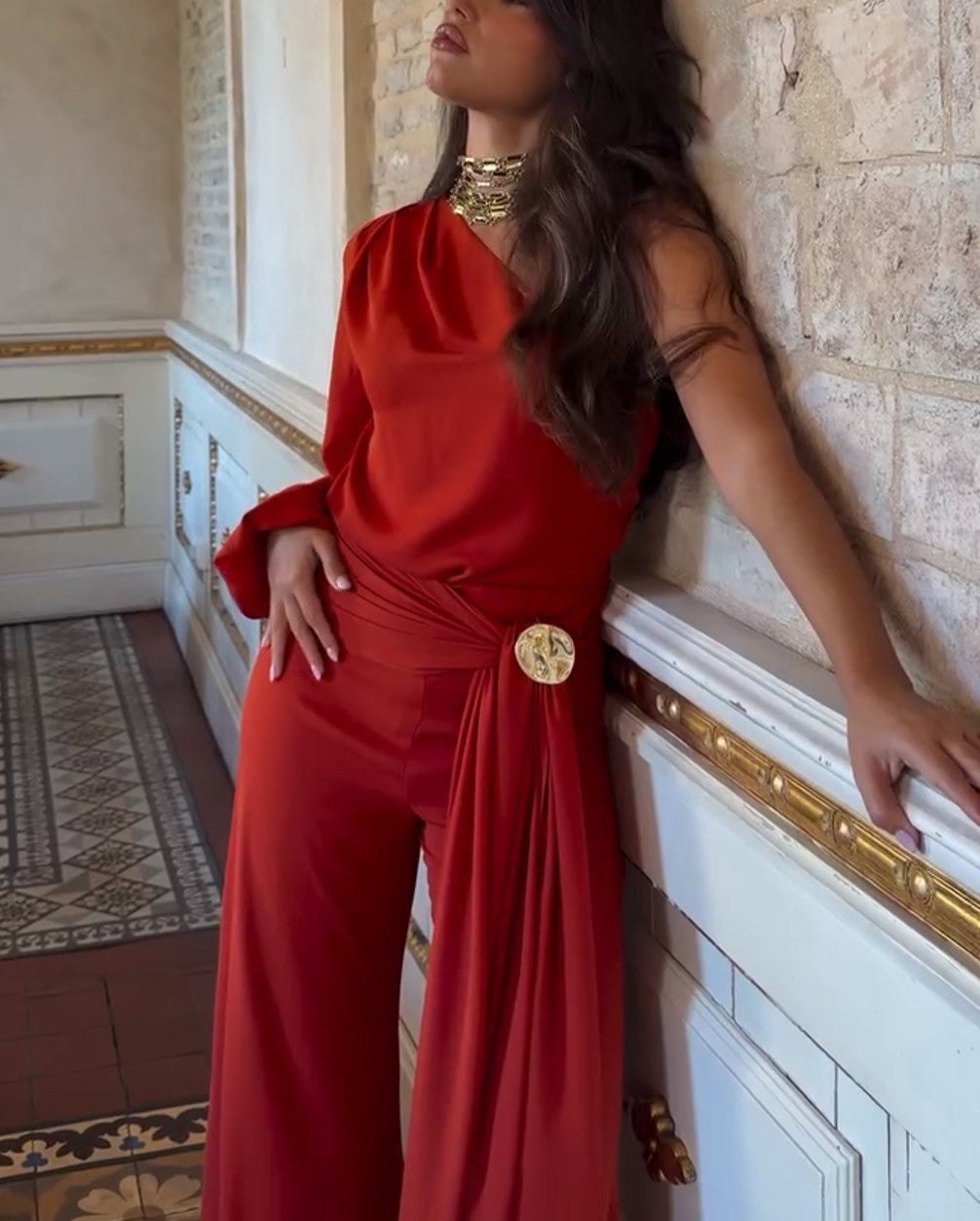 One Shoulder Satin Wide Leg Pants Set Red
