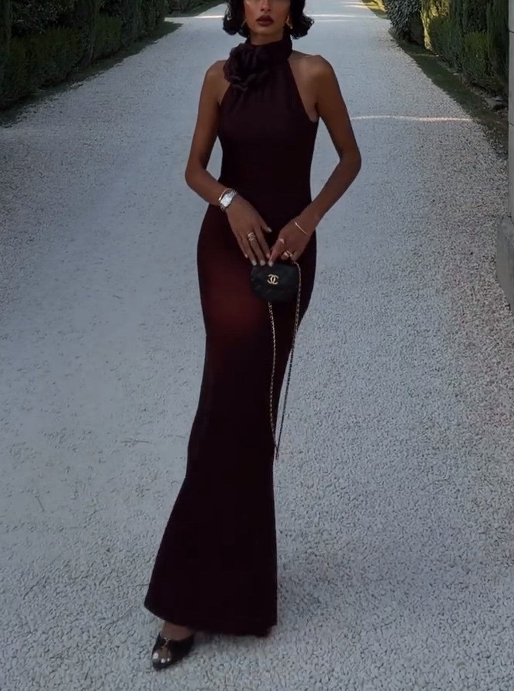 Halter 3D Flower Satin Mermaid Maxi Dress Burgundy