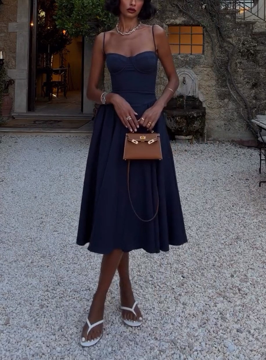 Spaghetti Strap Bustier Flare Midi Dress Navy Blue