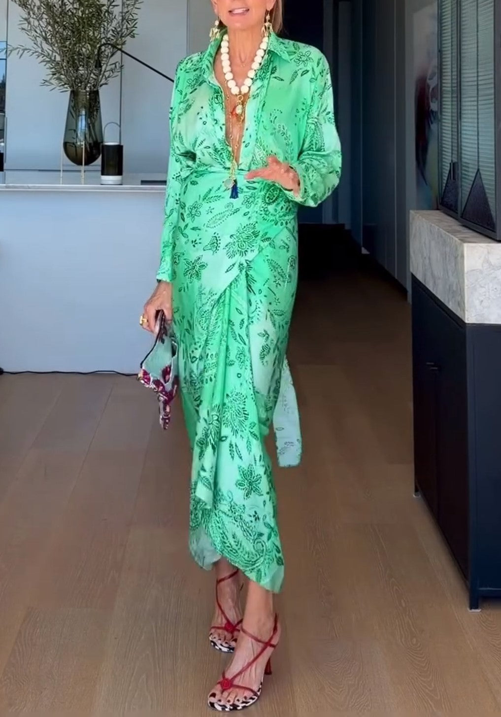 Green Floral Print Wrap Midi Shirt Dress Long Sleeve Vacation Dress