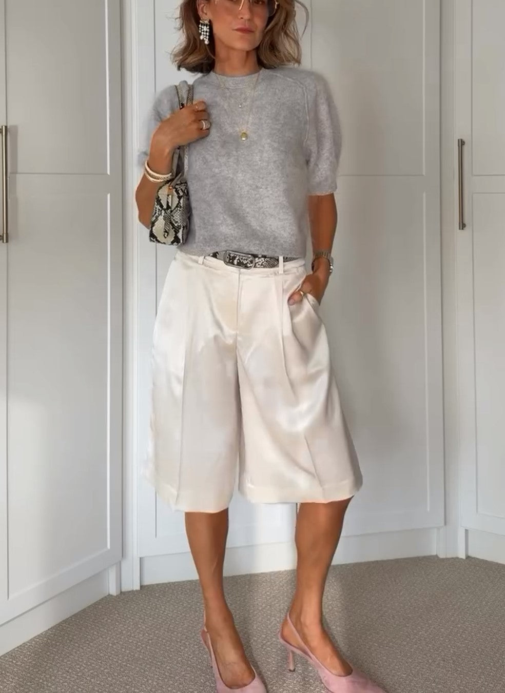 Grey Raglan Sleeve Knit Top & White Satin Culottes Two Piece Outfit