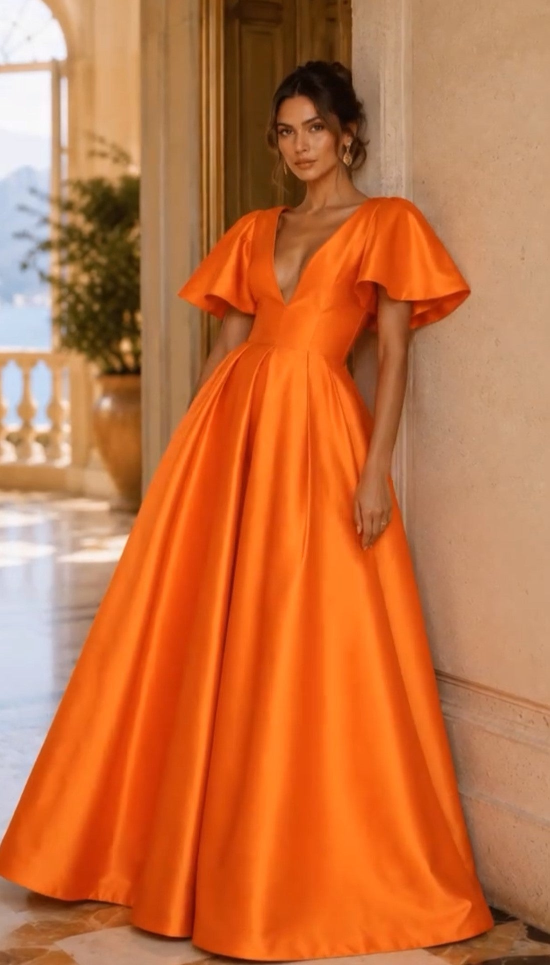 Orange Satin Deep V Flutter Sleeve Ball Gown Formal Maxi Dress