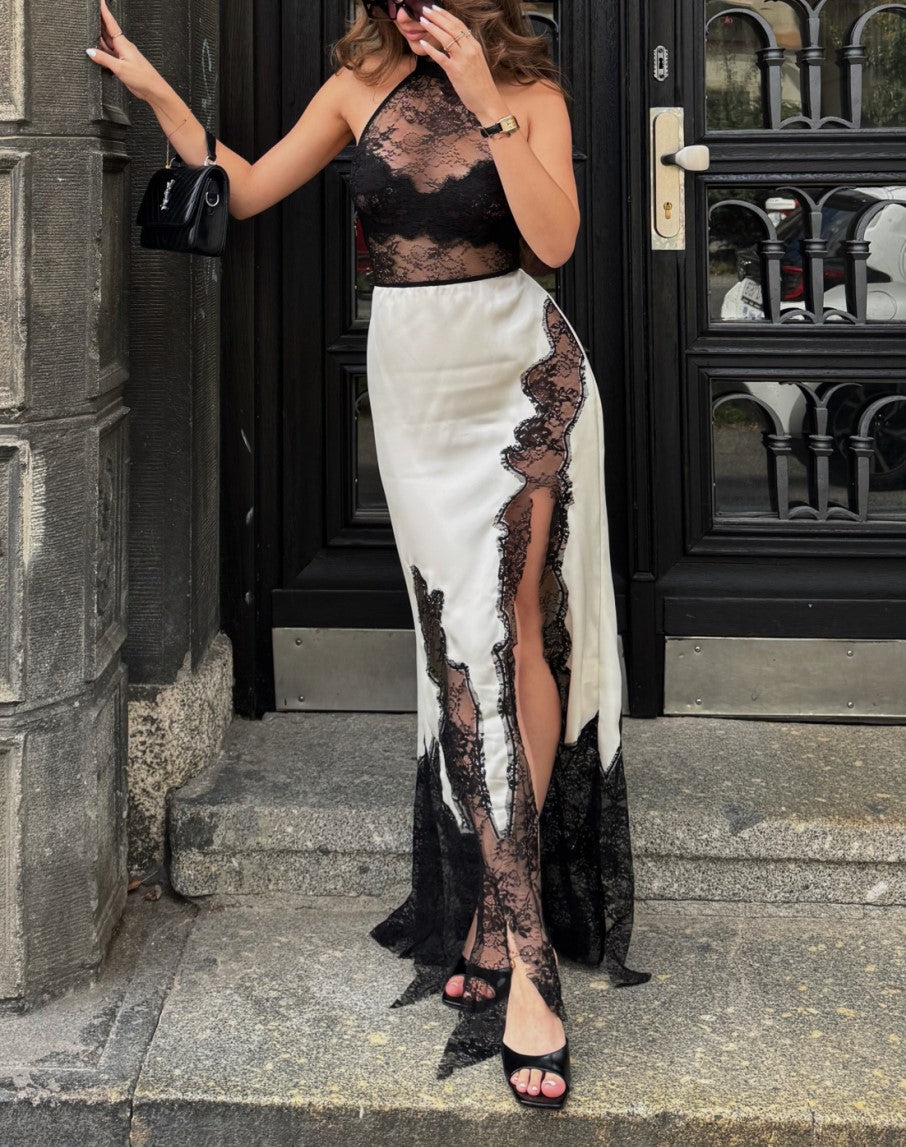 Black Lace Halter White Satin Maxi Dress High Slit Formal Evening Dress