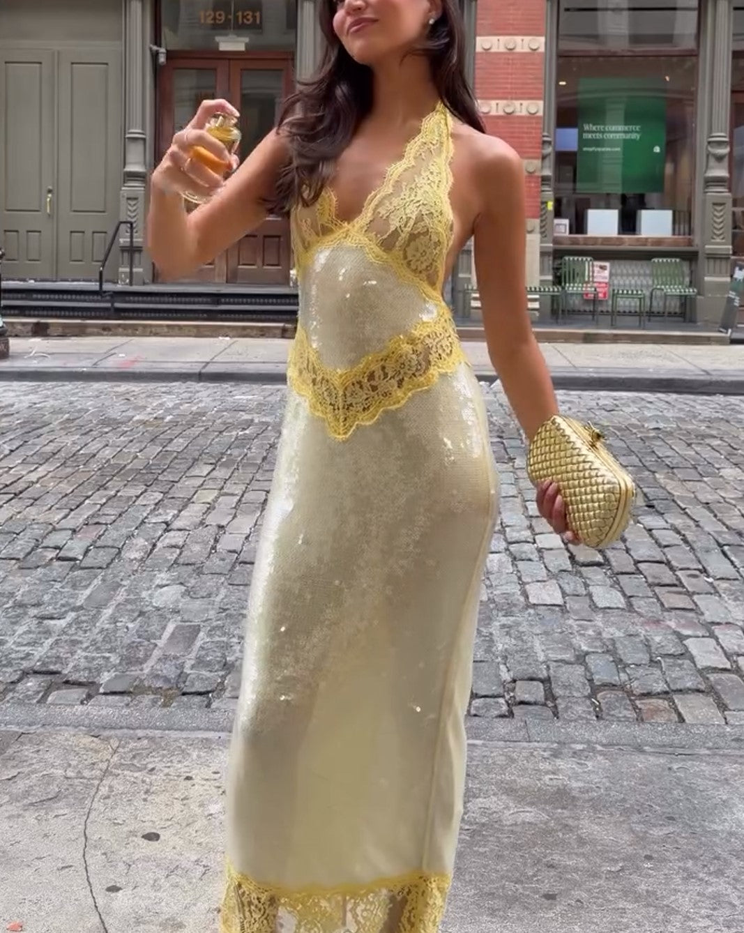 Halter V-Neck Lace Sequin Midi Dress
