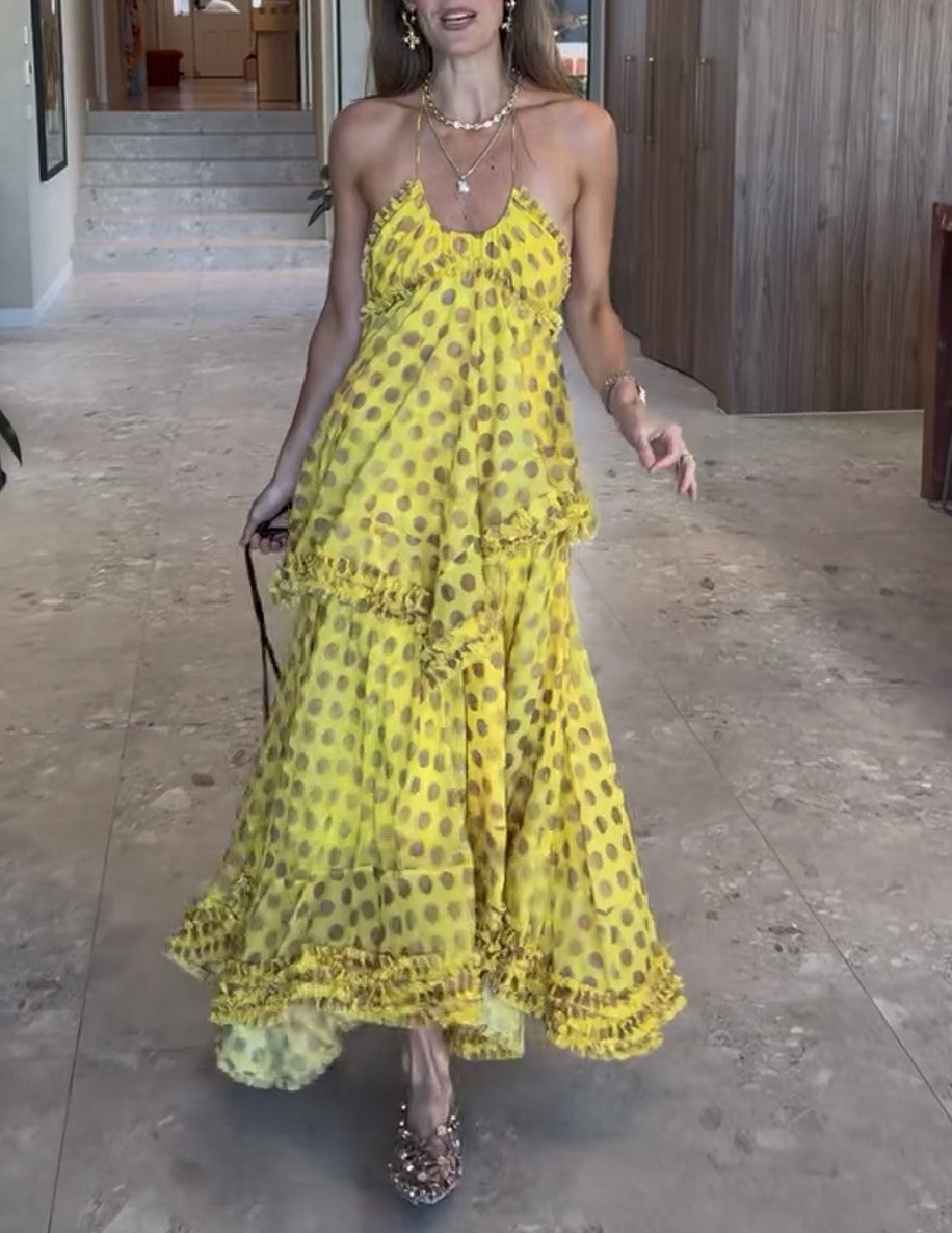 Halter Polka Dot Tiered Ruffle Maxi Dress