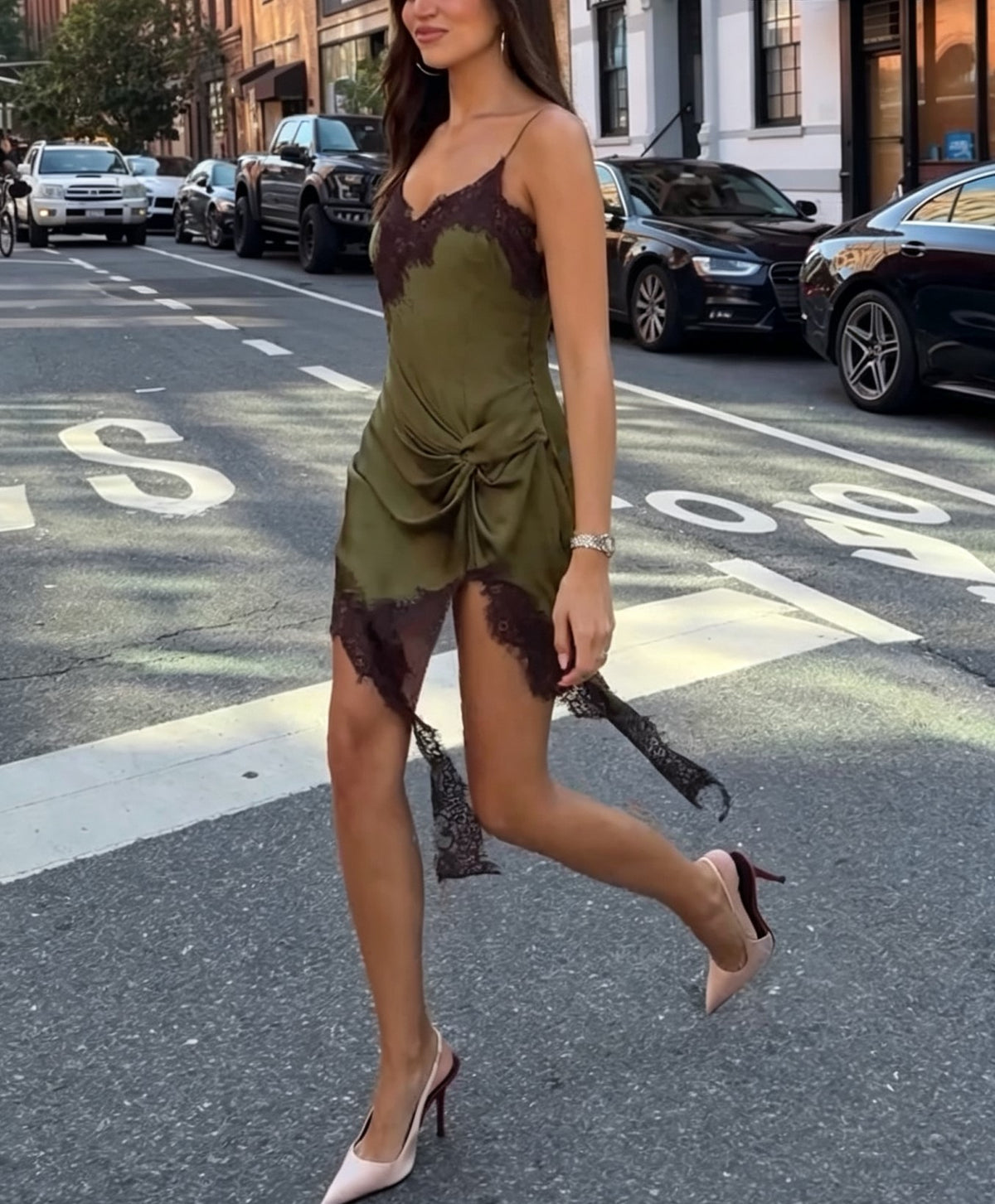 Spaghetti Strap Lace Trim Satin Knot Mini Dress