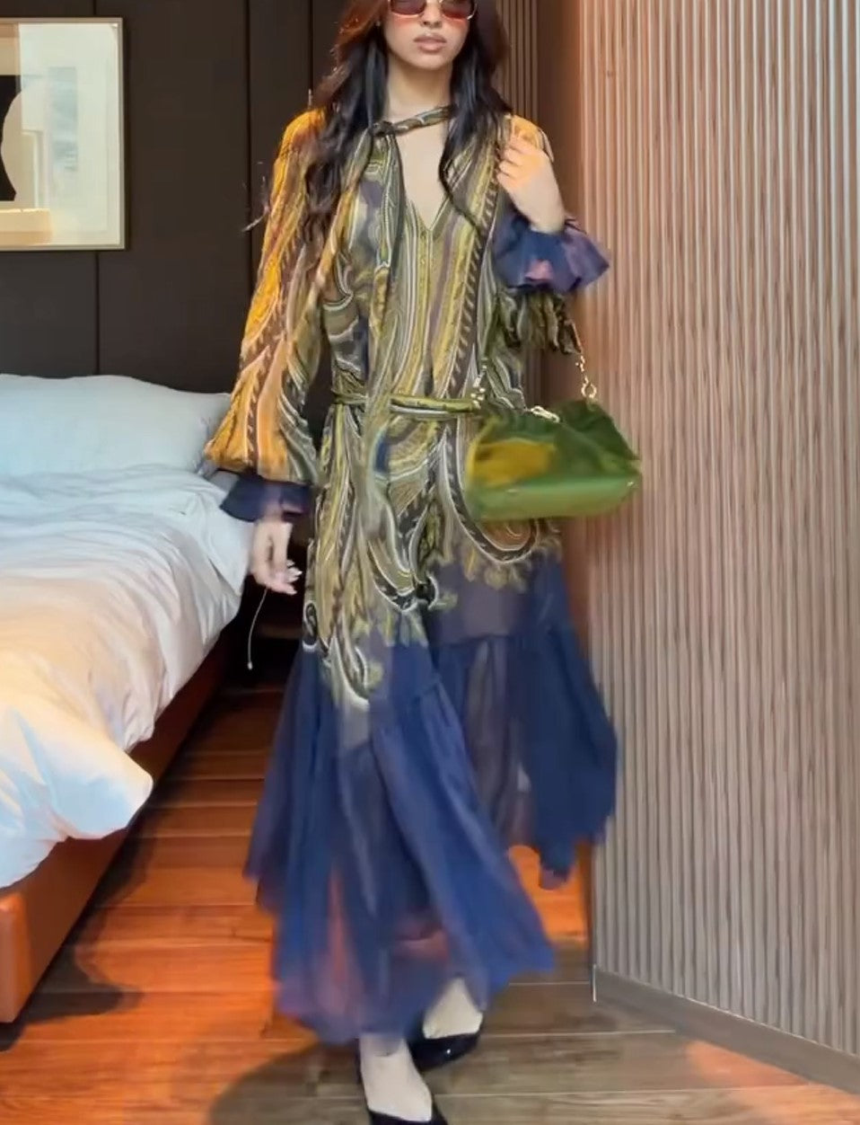 Vintage Paisley Print Chiffon Maxi Dress Sheer Ruffled Long Sleeve Bohemian Dress
