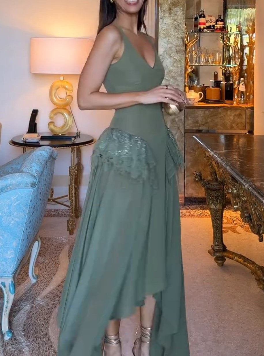 Sage Green V-Neck Sleeveless Maxi Dress Sequin Fringe Irregular Hem Evening Gown